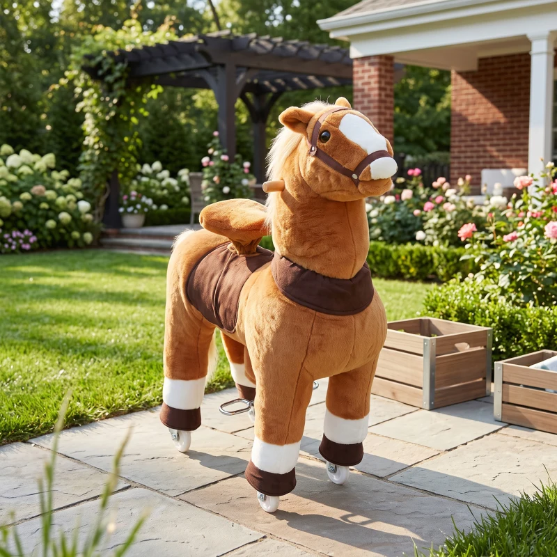 Qaba Ride on Horse for Kids 4-12 Years, 37.4 Inch Height Plush Riding Pony with Rolling Wheels for Active Play, Brown