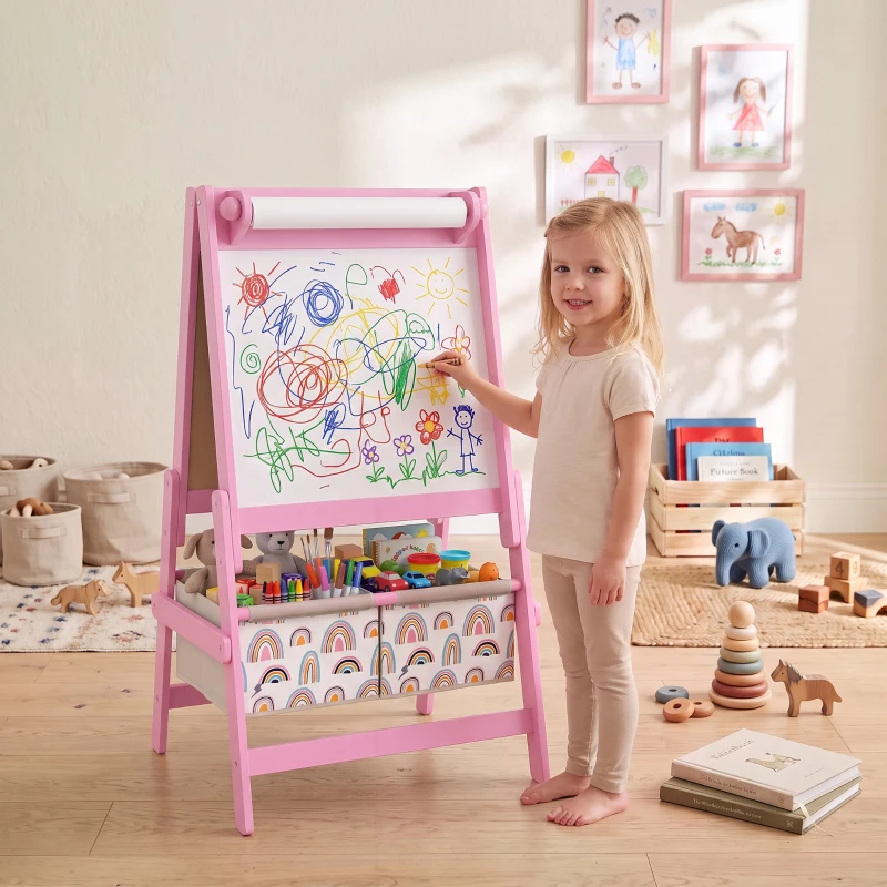 Qaba Art Easel for Kids, 3-in-1 Double-Sided Kids Easel with Chalkboard, Whiteboard, Paper Roll, 2 Storage Bins for 3-8, Pink
