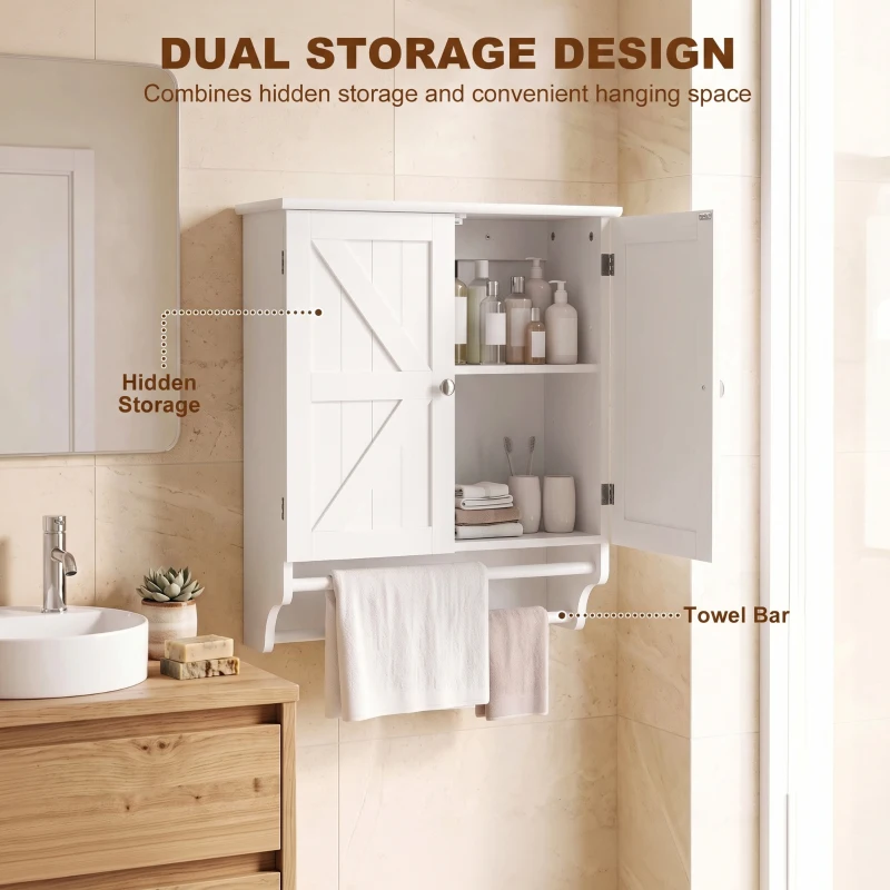 HOMCOM Bathroom Wall Cabinet, Medicine Cabinet with Adjustable Shelf, 2 Doors & Towel Racks, 23.8" x 8.9" x 25.2", White