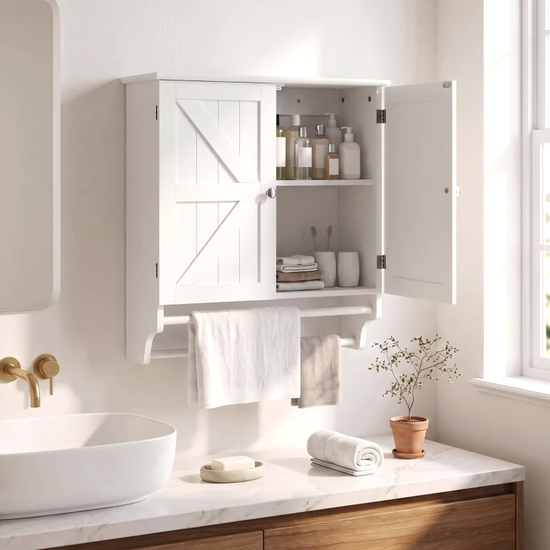 HOMCOM Bathroom Wall Cabinet, Medicine Cabinet with Adjustable Shelf, 2 Doors & Towel Racks, 23.8" x 8.9" x 25.2", White