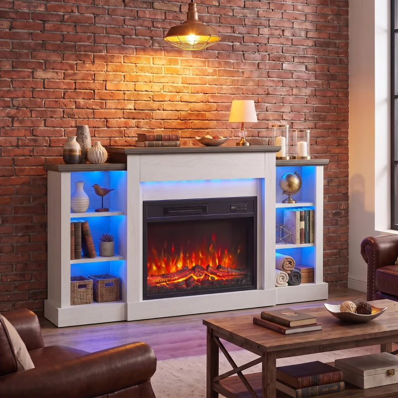 HOMCOM 55" Fireplace TV Stand for TVs up to 65", Entertainment Center TV Console, RGB LED Strips, 6 Shelves, White Wood Grain
