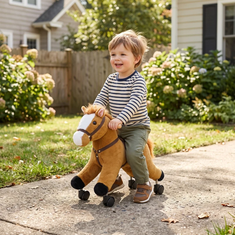 Qaba Ride on Horse, Ride on Toy with Wheels, Plush Animal Toys to Develop Balance & Coordination for Toddlers 18-36 M, Brown