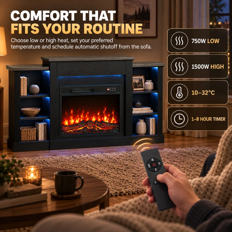 HOMCOM 55" Fireplace TV Stand for TVs up to 65", Entertainment Center TV Console, RGB LED Strips, 6 Shelves, Black Wood Grain