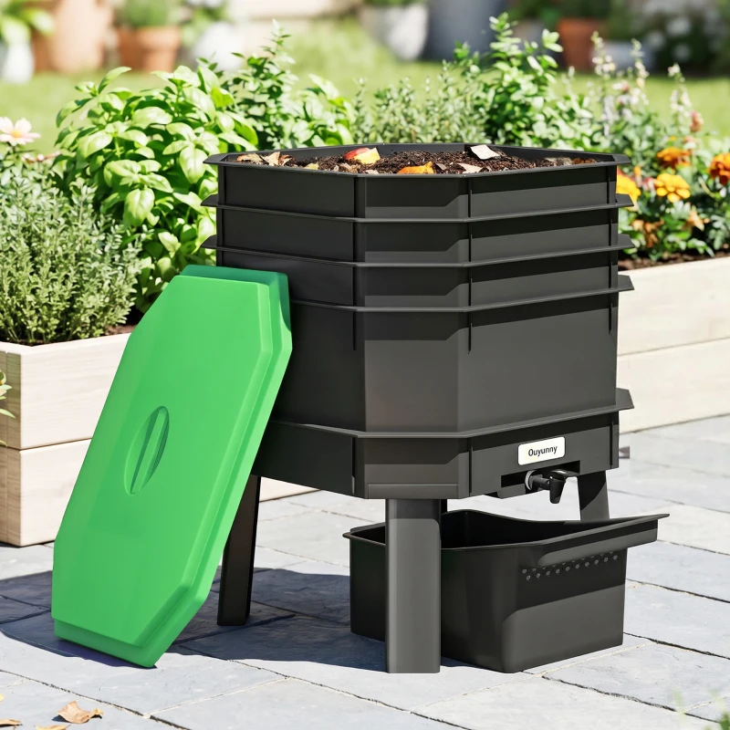 Outsunny 4-Tray Worm Composter Bin, 7.4 Gal Outdoor & Indoor Worm Composter for Recycling Food Waste, Dark Green
