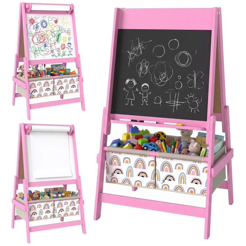 Qaba Art Easel for Kids, 3-in-1 Double-Sided Kids Easel with Chalkboard, Whiteboard, Paper Roll, 2 Storage Bins for 3-8, Pink