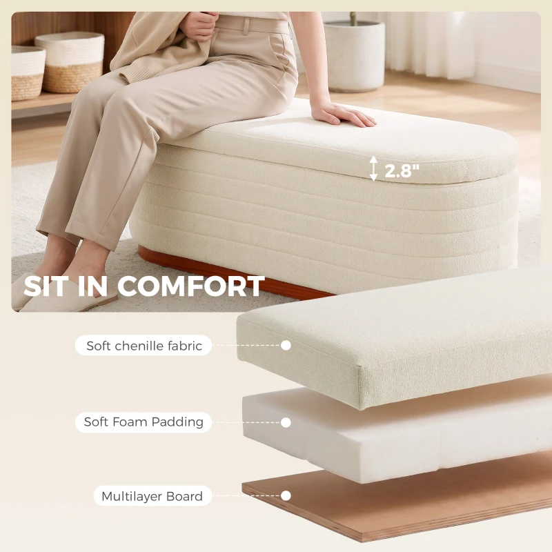 HOMCOM Storage Ottoman Bench Oval Chenille Upholstered Ottoman with Storage Chest, Cream White
