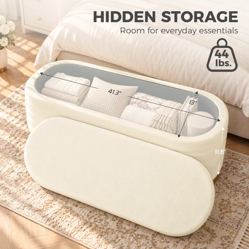 HOMCOM Storage Ottoman Bench Oval Chenille Upholstered Ottoman with Storage Chest, Cream White