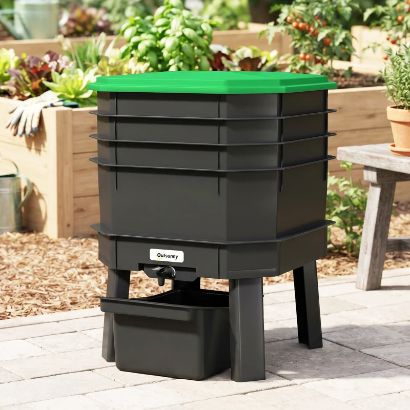 Outsunny 4-Tray Worm Composter Bin, 7.4 Gal Outdoor & Indoor Worm Composter for Recycling Food Waste, Dark Green
