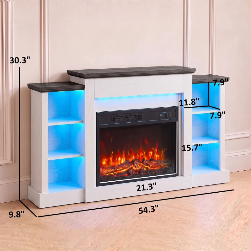HOMCOM 55" Fireplace TV Stand for TVs up to 65", Entertainment Center TV Console, RGB LED Strips, 6 Shelves, White Wood Grain