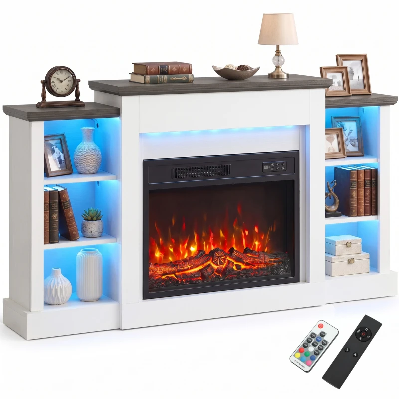 HOMCOM 55" Fireplace TV Stand for TVs up to 65", Entertainment Center TV Console, RGB LED Strips, 6 Shelves, White Wood Grain