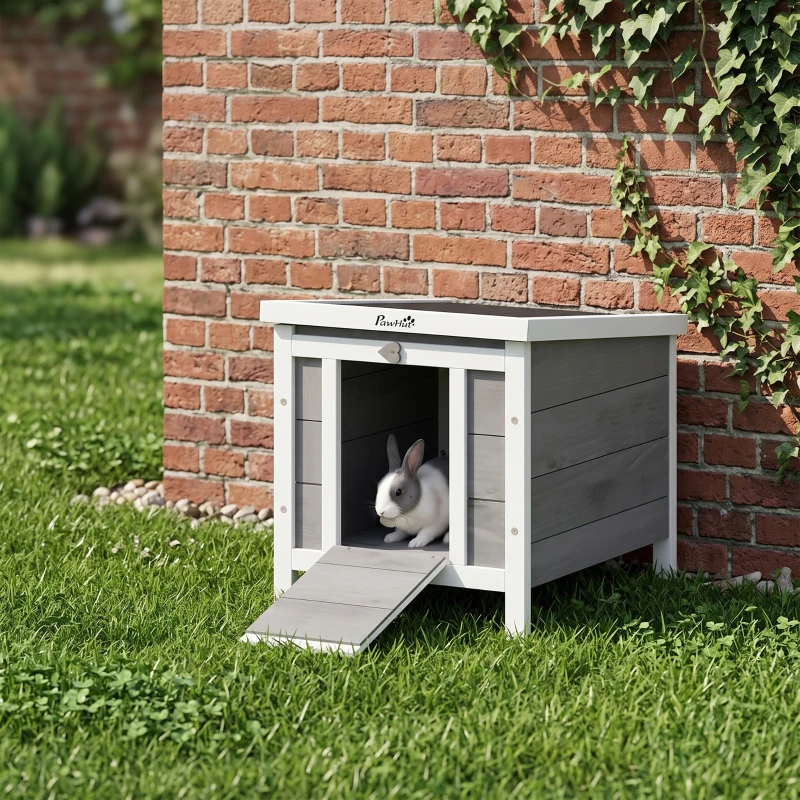 PawHut Small Wooden Rabbit Hutch Bunny Cage Guinea Pig Cage Duck House Dog House with Openable & Waterproof Roof, for Rabbits, Chickens, Ducks, Gray