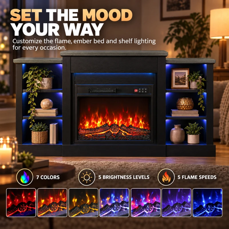 HOMCOM 55" Fireplace TV Stand for TVs up to 65", Entertainment Center TV Console, RGB LED Strips, 6 Shelves, Black Wood Grain