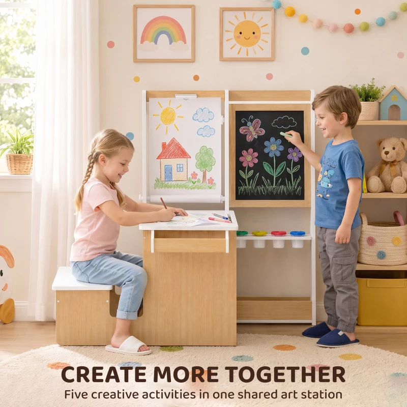 Qaba 5-in-1 Kids Art Table and Chair Set with Easel, Wooden Craft and Play Activity Desk with Storage