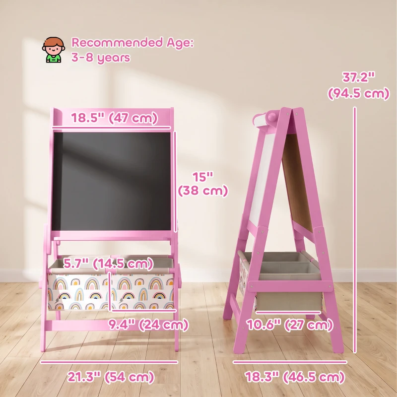 Qaba Art Easel for Kids, 3-in-1 Double-Sided Kids Easel with Chalkboard, Whiteboard, Paper Roll, 2 Storage Bins for 3-8, Pink