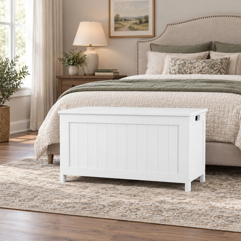 HOMCOM 29.9" Storage Trunk w/ 2 Safety Hinges, Wooden Storage Bench w/ Side Handles, Storage Chest for Playroom, White