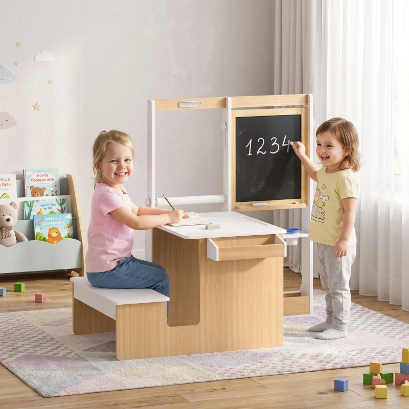 Qaba 5-in-1 Kids Art Table and Chair Set with Easel, Wooden Craft and Play Activity Desk with Storage