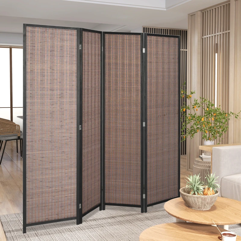 HOMCOM Room Divider Folding Privacy Screen Freestanding 4 Panel Pine Wood for Bedroom Home Office 6 Ft Tall Black Brown