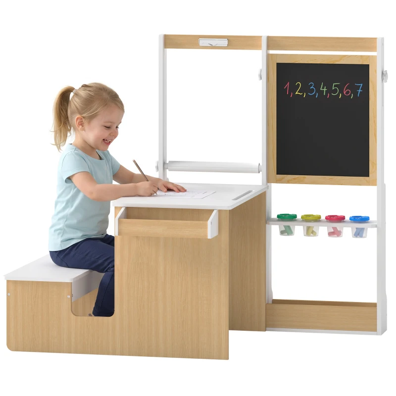 Qaba 5-in-1 Kids Art Table and Chair Set with Easel, Wooden Craft and Play Activity Desk with Storage