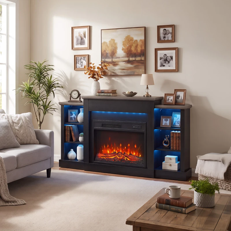HOMCOM 55" Fireplace TV Stand for TVs up to 65", Entertainment Center TV Console, RGB LED Strips, 6 Shelves, Black Wood Grain