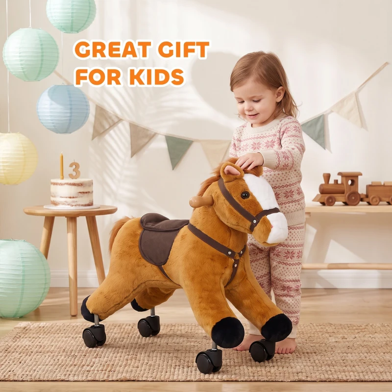 Qaba Ride on Horse, Ride on Toy with Wheels, Plush Animal Toys to Develop Balance & Coordination for Toddlers 18-36 M, Brown