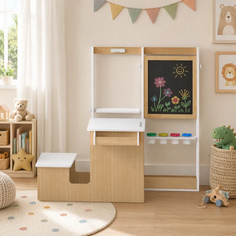 Qaba 5-in-1 Kids Art Table and Chair Set with Easel, Wooden Craft and Play Activity Desk with Storage