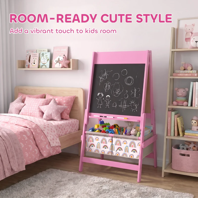 Qaba Art Easel for Kids, 3-in-1 Double-Sided Kids Easel with Chalkboard, Whiteboard, Paper Roll, 2 Storage Bins for 3-8, Pink