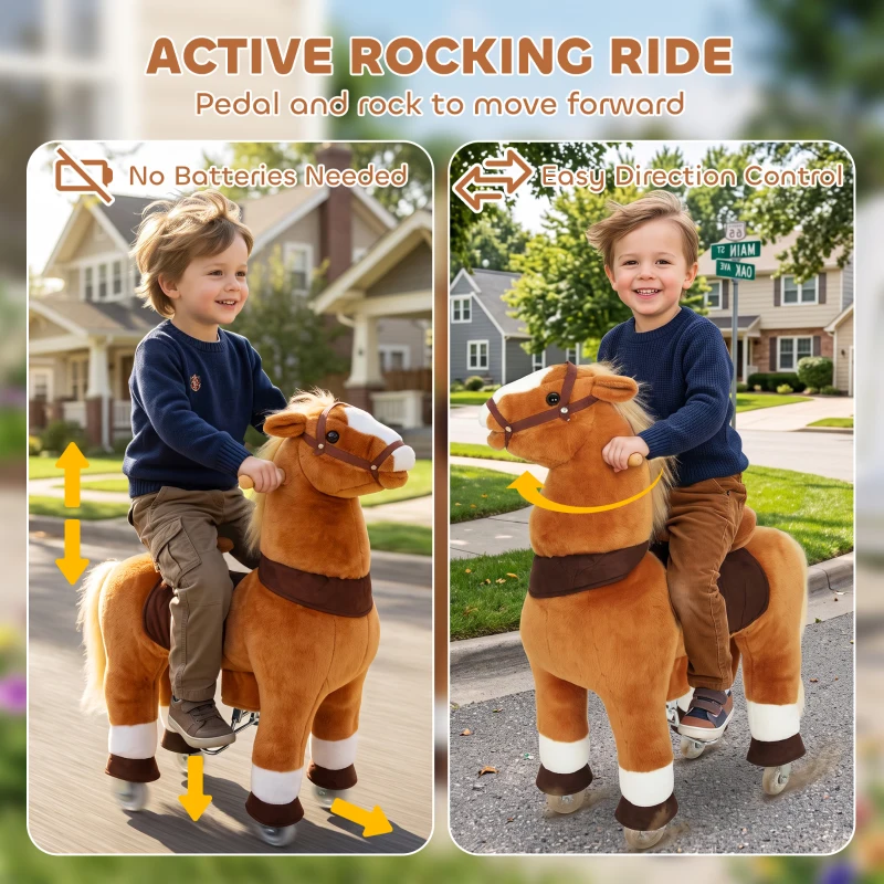 Qaba Ride on Horse for Kids 4-12 Years, 37.4 Inch Height Plush Riding Pony with Rolling Wheels for Active Play, Brown