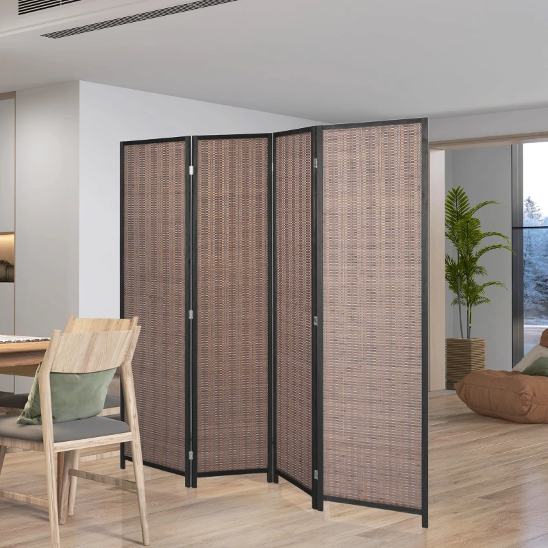 HOMCOM Room Divider Folding Privacy Screen Freestanding 4 Panel Pine Wood for Bedroom Home Office 6 Ft Tall Black Brown