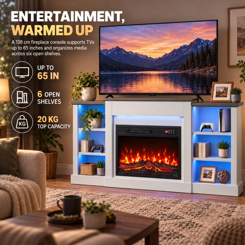 HOMCOM 55" Fireplace TV Stand for TVs up to 65", Entertainment Center TV Console, RGB LED Strips, 6 Shelves, White Wood Grain