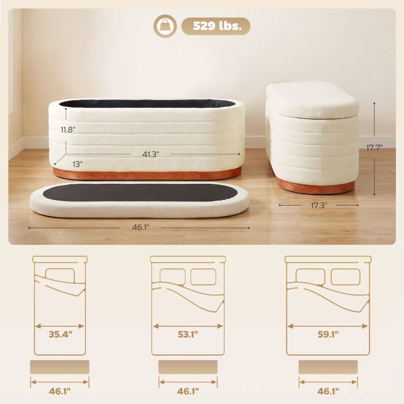 HOMCOM Storage Ottoman Bench Oval Chenille Upholstered Ottoman with Storage Chest, Cream White