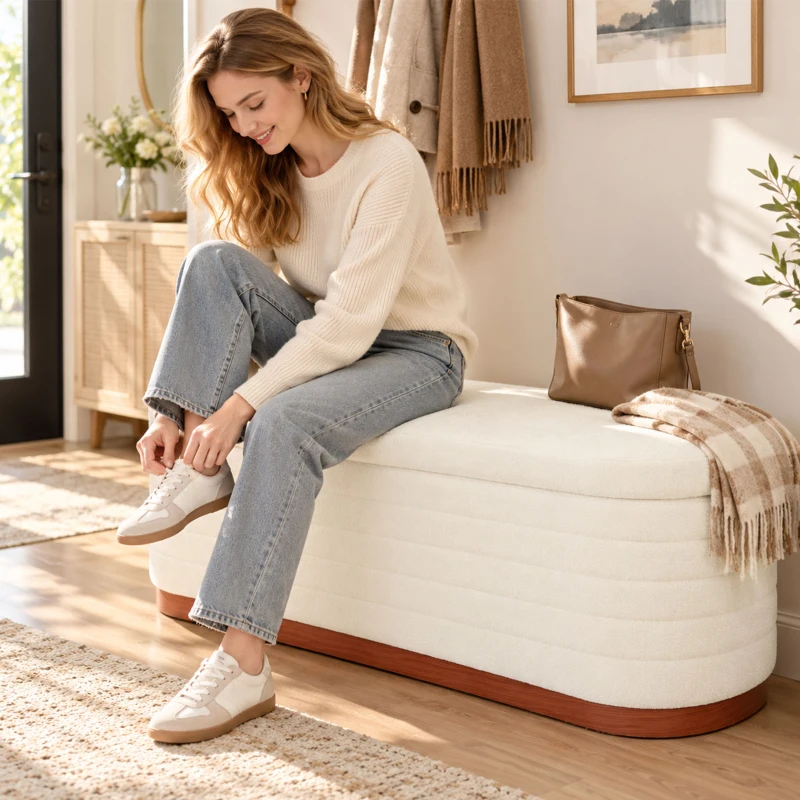 HOMCOM Storage Ottoman Bench Oval Chenille Upholstered Ottoman with Storage Chest, Cream White
