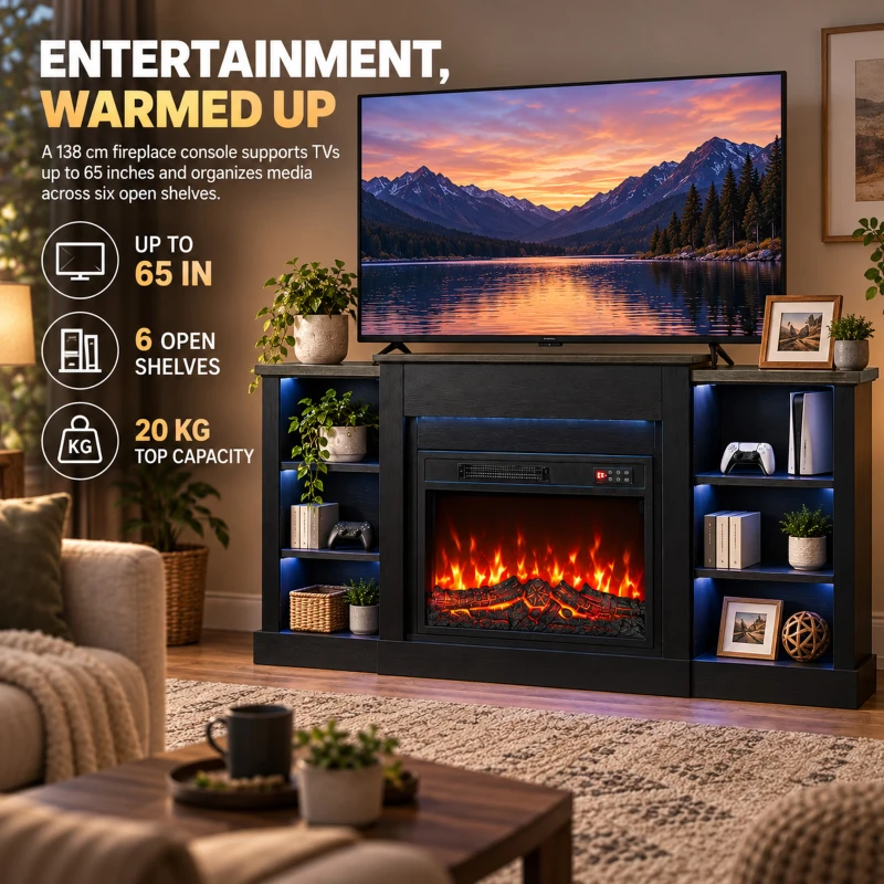 HOMCOM 55" Fireplace TV Stand for TVs up to 65", Entertainment Center TV Console, RGB LED Strips, 6 Shelves, Black Wood Grain
