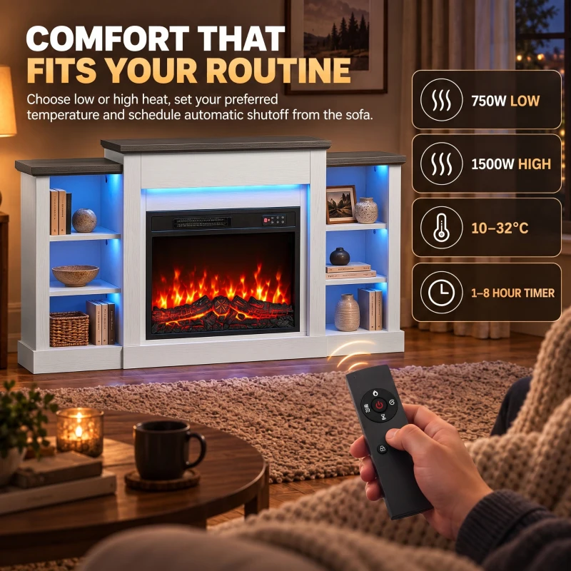 HOMCOM 55" Fireplace TV Stand for TVs up to 65", Entertainment Center TV Console, RGB LED Strips, 6 Shelves, White Wood Grain