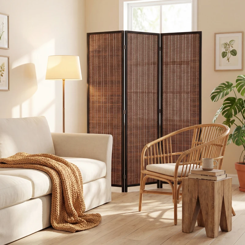 HOMCOM Room Divider Folding Privacy Screen Freestanding 3 Panel Pine Wood for Bedroom Home Office 6 Ft Tall Black Brown
