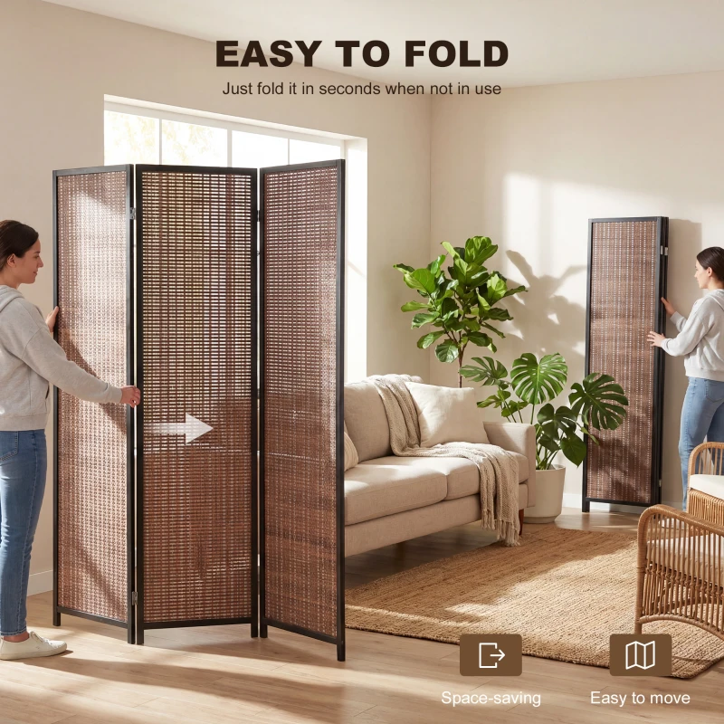 HOMCOM Room Divider Folding Privacy Screen Freestanding 3 Panel Pine Wood for Bedroom Home Office 6 Ft Tall Black Brown