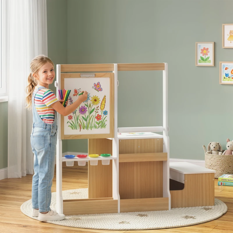 Qaba 5-in-1 Kids Art Table and Chair Set with Easel, Wooden Craft and Play Activity Desk with Storage