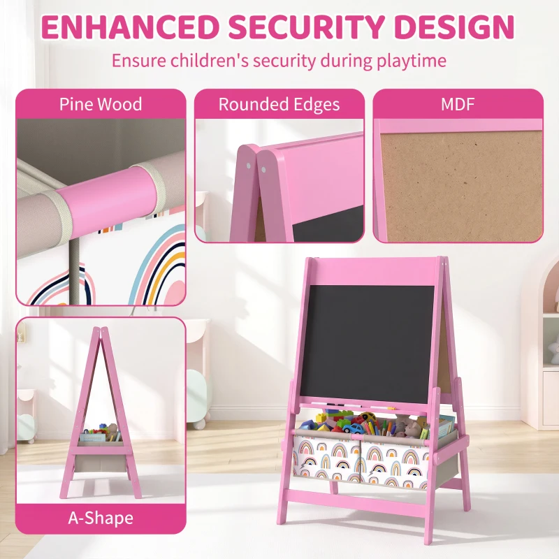 Qaba Art Easel for Kids, 3-in-1 Double-Sided Kids Easel with Chalkboard, Whiteboard, Paper Roll, 2 Storage Bins for 3-8, Pink
