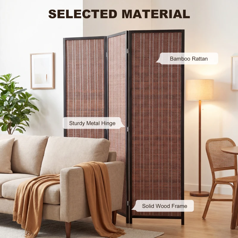 HOMCOM Room Divider Folding Privacy Screen Freestanding 3 Panel Pine Wood for Bedroom Home Office 6 Ft Tall Black Brown