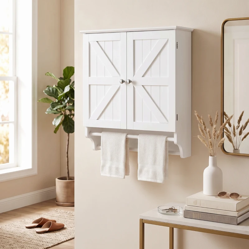 HOMCOM Bathroom Wall Cabinet, Medicine Cabinet with Adjustable Shelf, 2 Doors & Towel Racks, 23.8" x 8.9" x 25.2", White