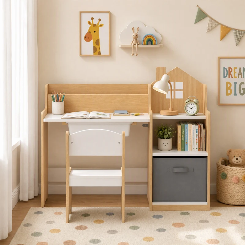 Qaba Kids Desk and Chair Set with 2 Desktop Cubbies, Fabric Bin, Plastic Drawer, Bookshelf, Anti-Tip Device for 3-8 Years