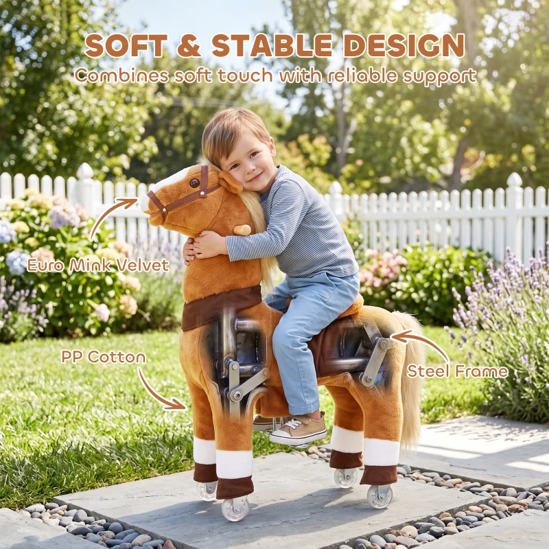 Qaba Ride on Horse for Kids 4-12 Years, 37.4 Inch Height Plush Riding Pony with Rolling Wheels for Active Play, Brown