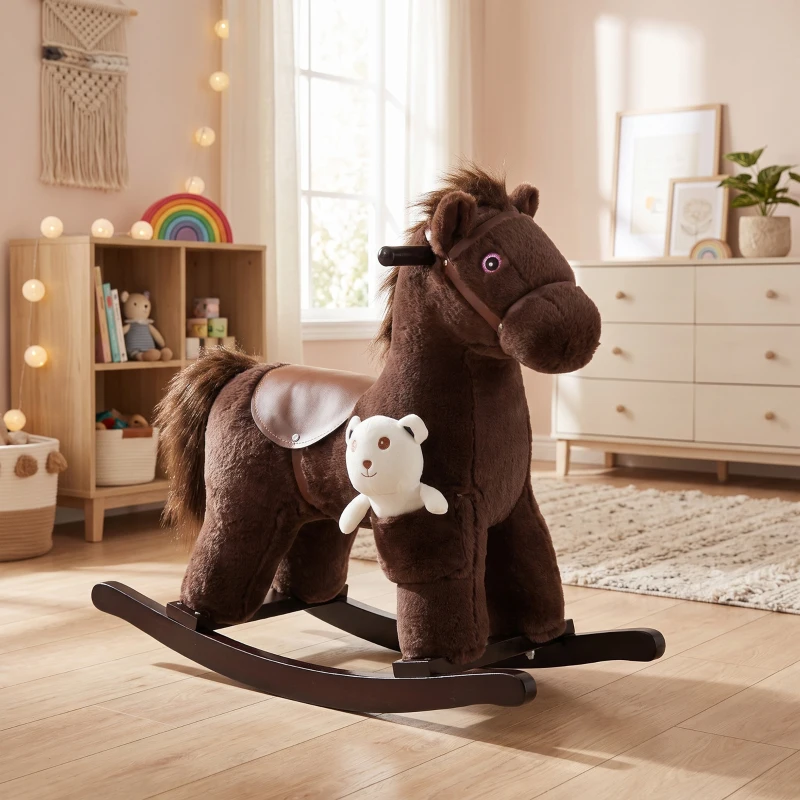 Qaba Kids Rocking Horse with Bear Toy, Plush Animal Rocker with Fun Realistic Sounds for Toddler 18-36 Months, Brown