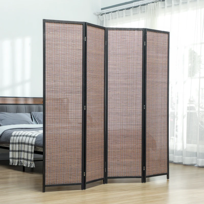 HOMCOM Room Divider Folding Privacy Screen Freestanding 4 Panel Pine Wood for Bedroom Home Office 6 Ft Tall Black Brown
