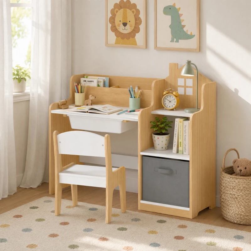 Qaba Kids Desk and Chair Set with 2 Desktop Cubbies, Fabric Bin, Plastic Drawer, Bookshelf, Anti-Tip Device for 3-8 Years