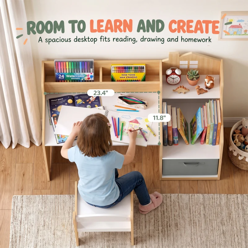Qaba Kids Desk and Chair Set with 2 Desktop Cubbies, Fabric Bin, Plastic Drawer, Bookshelf, Anti-Tip Device for 3-8 Years