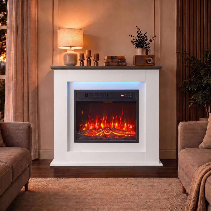 HOMCOM 40" Electric Fireplace with Mantel, LED Strip, Fireplace TV Stand for 55" TVs, Adjustable Flame, White