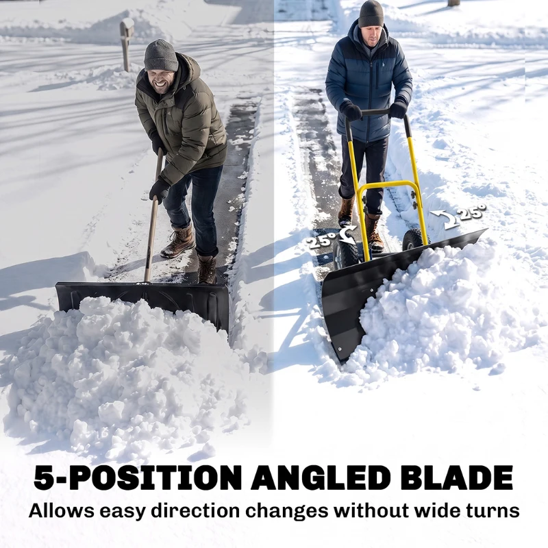 Outsunny Snow Shovel with Wheels, 29" x 16.5" Metal Snow Pusher with Adjustable Handle, 5-Angle Blade for Driveway, Yellow