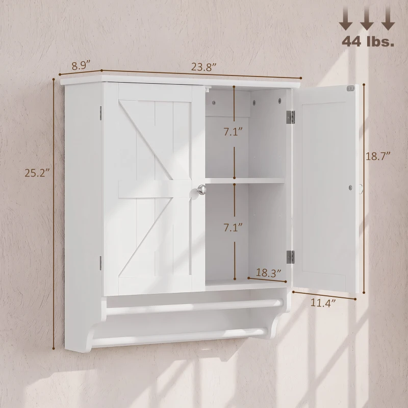 HOMCOM Bathroom Wall Cabinet, Medicine Cabinet with Adjustable Shelf, 2 Doors & Towel Racks, 23.8" x 8.9" x 25.2", White