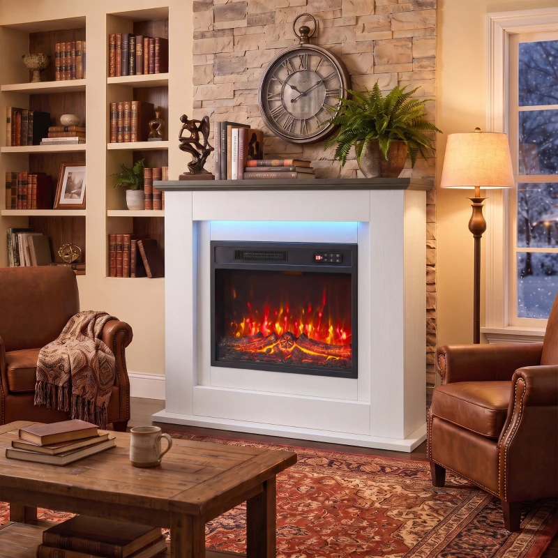 HOMCOM 40" Electric Fireplace with Mantel, LED Strip, Fireplace TV Stand for 55" TVs, Adjustable Flame, White