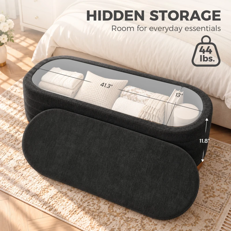 HOMCOM Storage Ottoman Bench Oval Chenille Upholstered Ottoman with Storage Chest, Dark Gray
